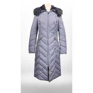 Laundry Shelli Segal Puffer Coat Womens PS Petite Small Gray Chevron Faux Fur
